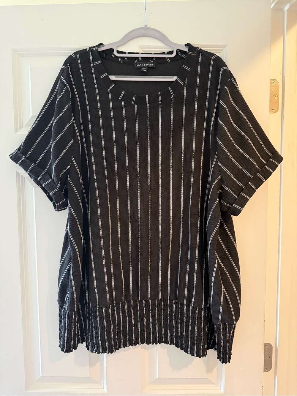 Lane Bryant Black & White Vertical Stripe Short Sleeve Blouse